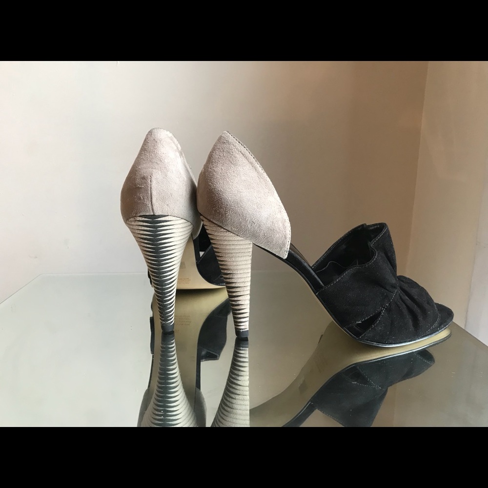 Black and Grey Suede Ruffle Sandals